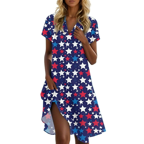 Women's Summer Casual V-Neck American Flag Print Short Sleeve Midi Dress, Patriotic Stars & Stripes Loose Fit Comfortable Sundress for 4th of July,Blue XL