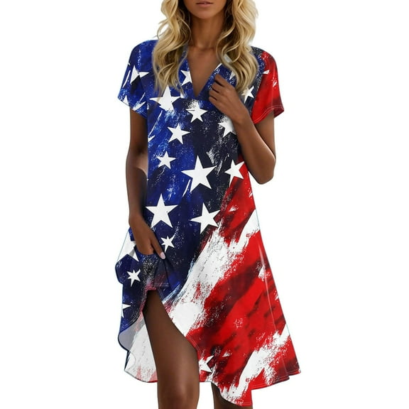 Women's Summer Casual V-Neck American Flag Print Short Sleeve Midi Dress, Patriotic Stars & Stripes Loose Fit Comfortable Sundress for 4th of July,Dark Blue M