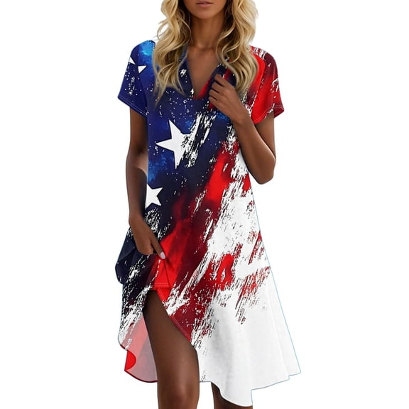 Women's Summer Casual V-Neck American Flag Print Short Sleeve Midi Dress, Patriotic Stars & Stripes Loose Fit Comfortable Sundress for 4th of July,Hot Pink M