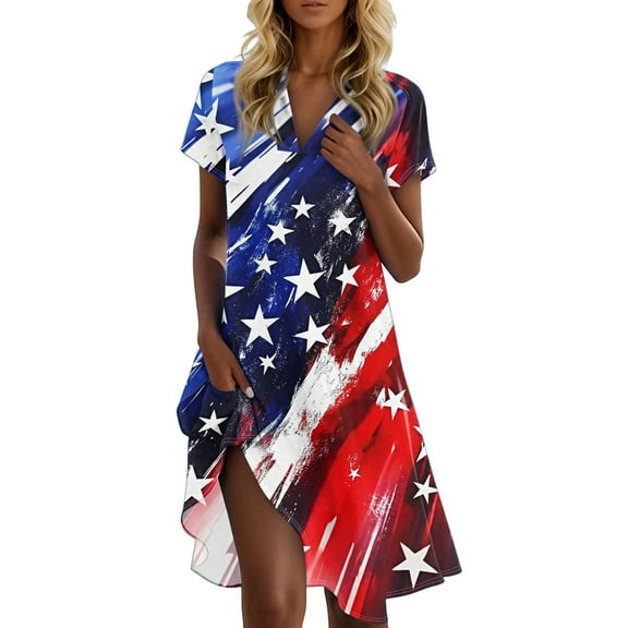 Women's Summer Casual V-Neck American Flag Print Short Sleeve Midi Dress, Patriotic Stars & Stripes Loose Fit Comfortable Sundress for 4th of July,Red M