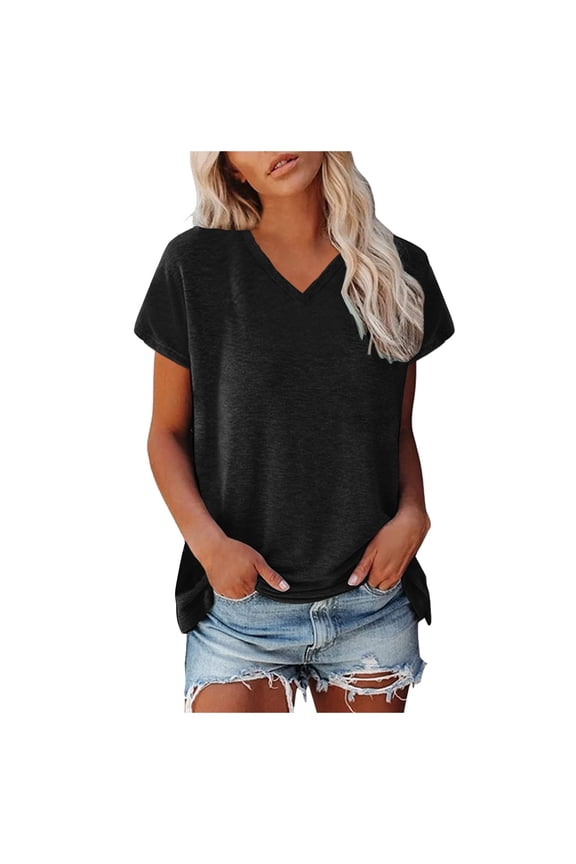 Women's Summer Casual V Neck Cap Sleeve T-Shirt Loose Fit Comfortable Solid Color Blouse Tops for Everyday Wear