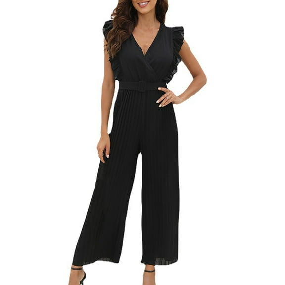 Women's Summer Casual V Neck Ruffled High Belt Belt Accordion Pleated Trouser Legs Solid Color Sleeveless Jumpsuit Denim Romper plus Size Long Jumpsuits for Women Suits And Rompers for Women Sump Suit