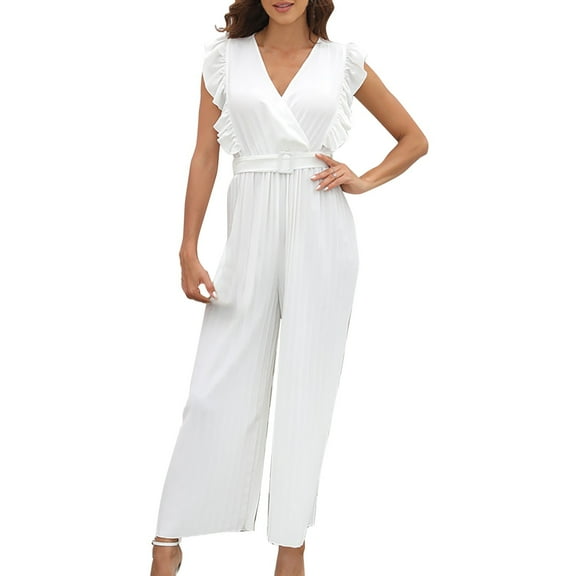 Women's Summer Casual V Neck Ruffled High Belt Belt Accordion Pleated Trouser Legs Solid Color Sleeveless Jumpsuit Romper for Women Elegant Women's Jumpsuit Ladies Jumpsuits Dressy Women Romper Sweat