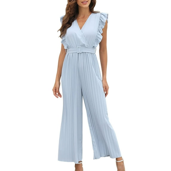 Women's Summer Casual V Neck Ruffled High Belt Belt Accordion Pleated Trouser Legs Solid Color Sleeveless Jumpsuit Romper for Women Elegant Women's Jumpsuit Ladies Jumpsuits Dressy Women Romper Sweat