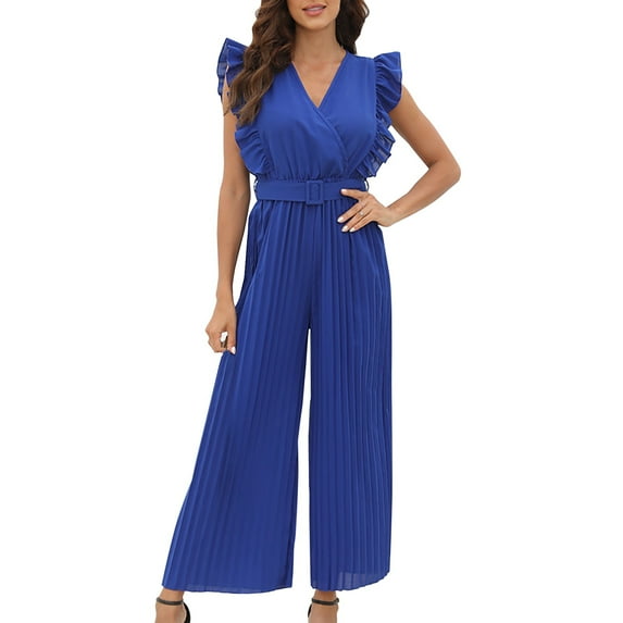 Women's Summer Casual V Neck Ruffled High Belt Belt Accordion Pleated Trouser Legs Solid Color Sleeveless Jumpsuit Romper for Women Elegant Women's Jumpsuit Ladies Jumpsuits Dressy Women Romper Sweat