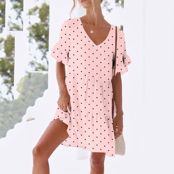 Women's Summer Casual V-Neck Short Sleeve Dress with Pockets and Ruffle Trim
