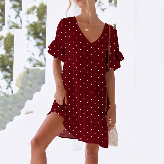 Women's Summer Casual V-Neck Short Sleeve Dress with Pockets and Ruffle Trim