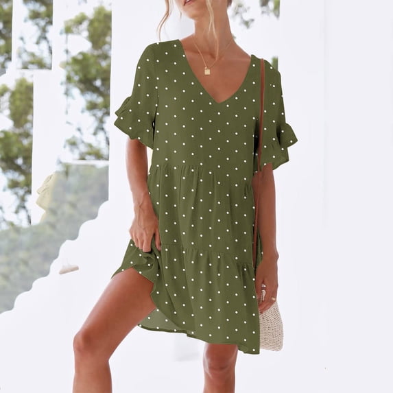 Women's Summer Casual V-Neck Short Sleeve Dress with Pockets and Ruffle Trim