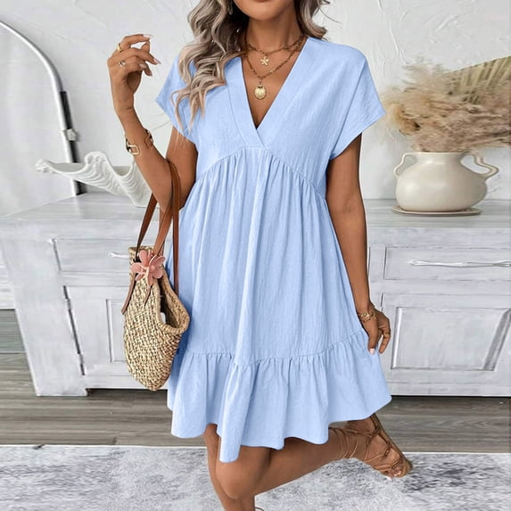 Women's Summer Casual V-Neck Short Sleeve Mini Dress