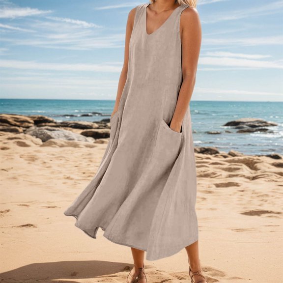 Women's Summer Casual V Neck Sleeveless Maxi Dress Elegant Loose Fit Solid Color Everyday Wear Comfortable Stylish with Pockets