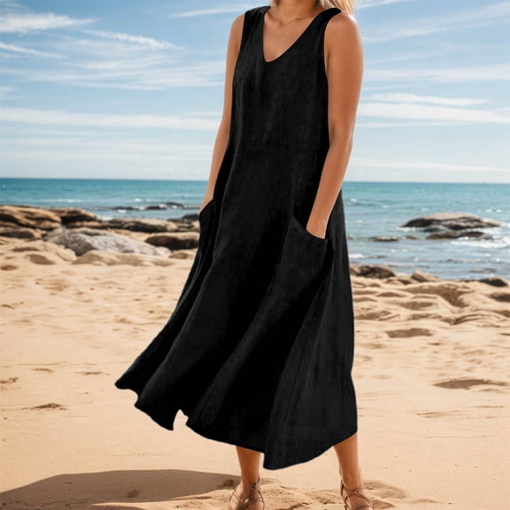 Women's Summer Casual V Neck Sleeveless Maxi Dress Elegant Loose Fit Solid Color Everyday Wear Comfortable Stylish with Pockets
