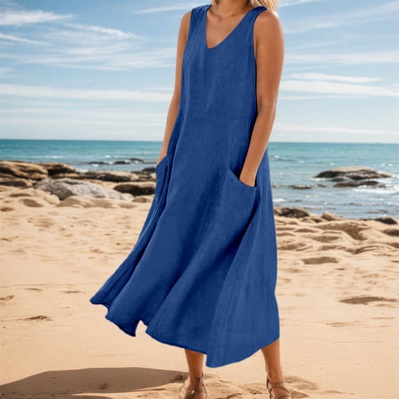 Women's Summer Casual V Neck Sleeveless Maxi Dress Elegant Loose Fit Solid Color Everyday Wear Comfortable Stylish with Pockets