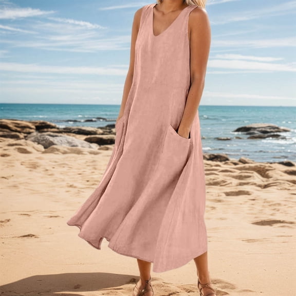 Women's Summer Casual V Neck Sleeveless Maxi Dress Elegant Loose Fit Solid Color Everyday Wear Comfortable Stylish with Pockets
