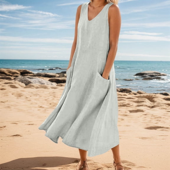 Women's Summer Casual V Neck Sleeveless Maxi Dress Elegant Loose Fit Solid Color Everyday Wear Comfortable Stylish with Pockets