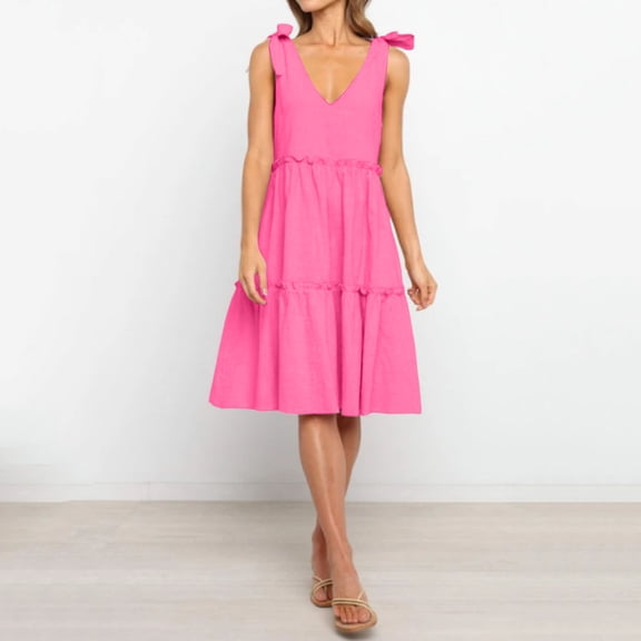 Women's Summer Casual V Neck Sleeveless Mini Dress Tie Shoulder Width Layered Ruffles Flowing A Line Skirt Short Skirt Solid Midi Dress Button Front Dresses Dress Long Casual for Women Womens Beach