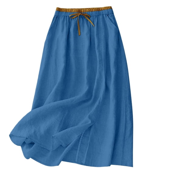 Women's Summer Casual Vintage Cotton Linen Blend Skirt High Waist Elastic Loose Fit Midi Drawstring Slit Blue XXL(XXL)
