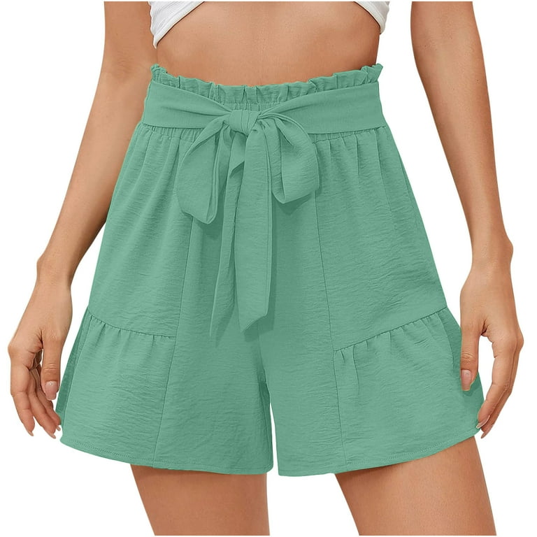 Women s Summer Casual Wide Leg Flowy Shorts Belted High Waisted Ruffle Short Trousers with Pockets Walmart
