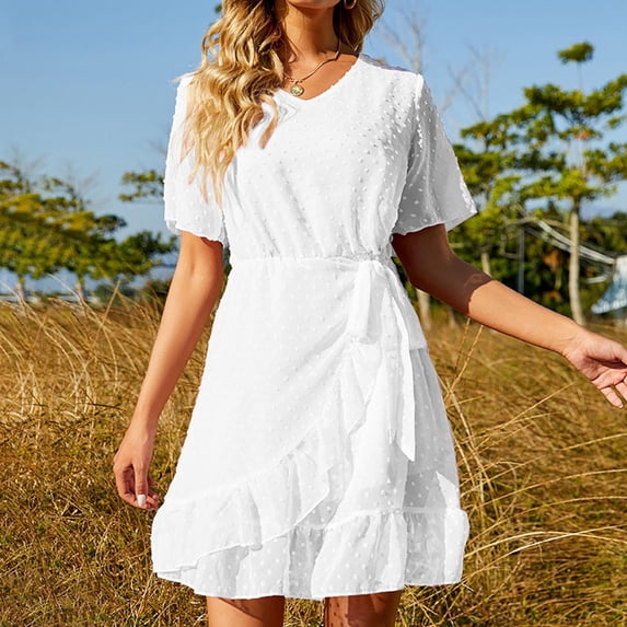 Women's Summer Casual Women's Summer Casual Maxi Dress Bohemian Floral V-Neck Short Sleeve Beach Tiered Sundress Long Dress