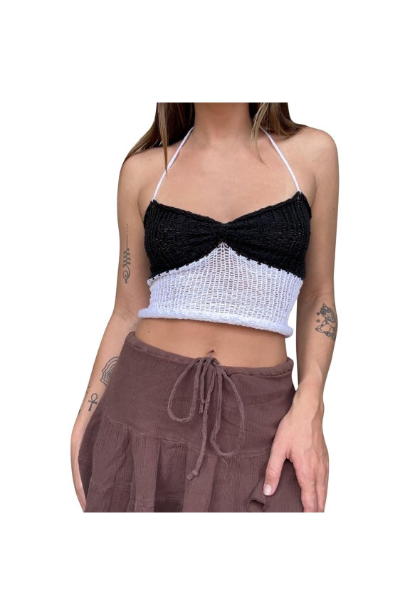 Women's Summer Casual Wool Knit Contrast Color Stitching Camisole Vest Fitted Cropped Shirt Flowers Smooth Athletic Tops for Women Loose plus Top Alluring High Neck Top plus Size Top Women Active Top