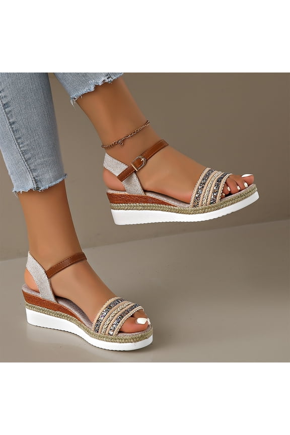 Women's Summer Casual Woven Bohemian Style Shoes Mesh Platform Wedge Sandals Travel Essential Ankle Strap Buckle Straps Woven Hemp Rope Wedge Platform Non-Slip Outdoor Beach Walk,Beige 43(US-9)