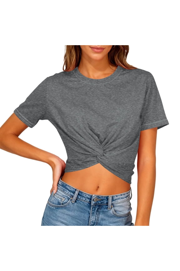 Women's Summer Causal Short Sleeve Crop Tops Round Neck Twist Front Tee T-Shirt for Workout Yoga