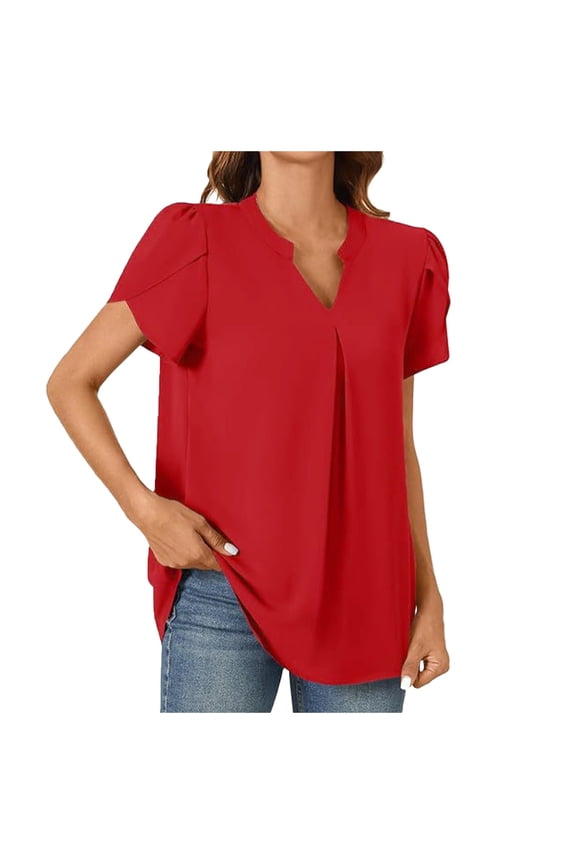 Women's Summer Chiffon Blouse - V Neck Petal Short Sleeve Tunic Top for Leggings, M-XXXL