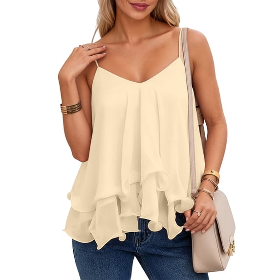 Women's Summer Chiffon Double Layer Ruffled Spaghetti Strap Cami Top, Spaghetti Strap Adjustable Tie Waist Flowy Camisole Beige L
