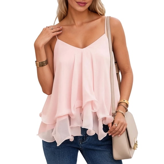Women's Summer Chiffon Double Layer Ruffled Spaghetti Strap Cami Top, Spaghetti Strap Adjustable Tie Waist Flowy Camisole Pink XL