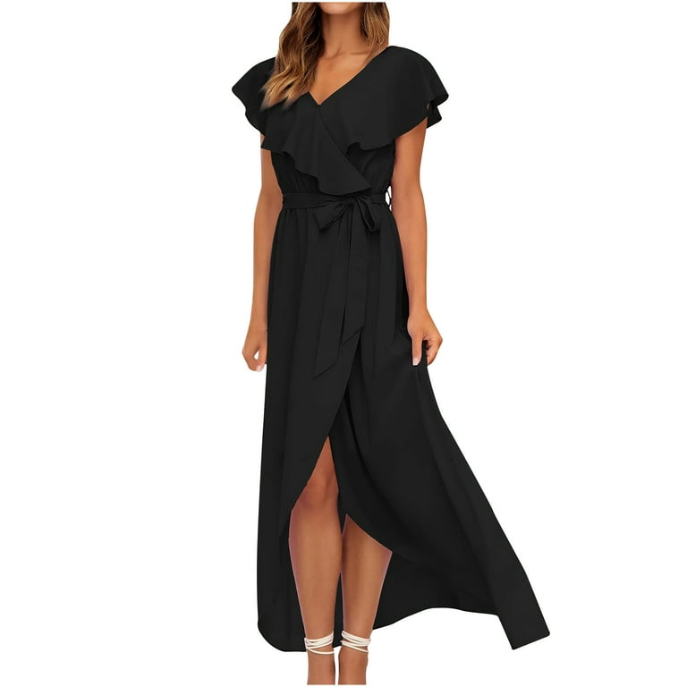 Women's Summer Chiffon Maxi Dresses V Neck Ruffle Short Sleeve Long Dress  Beach Cocktail Flowy Wrap Dress with Belt 