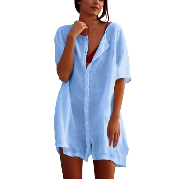 Women's Summer Chiffon Shirt Dress Casual Loose Fit Mid Length Short Sleeve Beach Cover Up Resort Wear Comfortable Flowy Womens Casual Trendy Midi Dresses