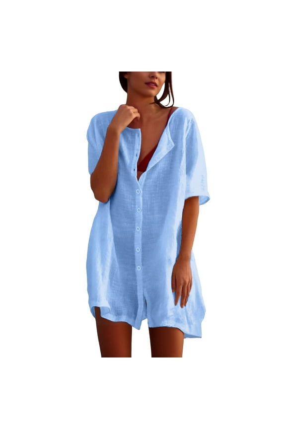 Women's Summer Chiffon Shirt Dress Casual Loose Fit Mid Length Short Sleeve Beach Cover Up Resort Wear Comfortable Flowy Womens Casual Trendy Midi Dresses