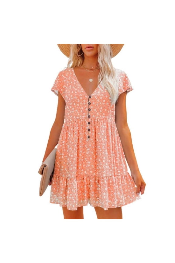 Women's Summer Chiffon Short Sleeve V Neck Dress Floral Button Down Ruffle Swing Boho Mini Dresses