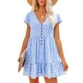 thumbnail image 1 of Women's Summer Chiffon Short Sleeve V Neck Dress Floral Button Down Ruffle Swing Boho Mini Dresses, 1 of 4