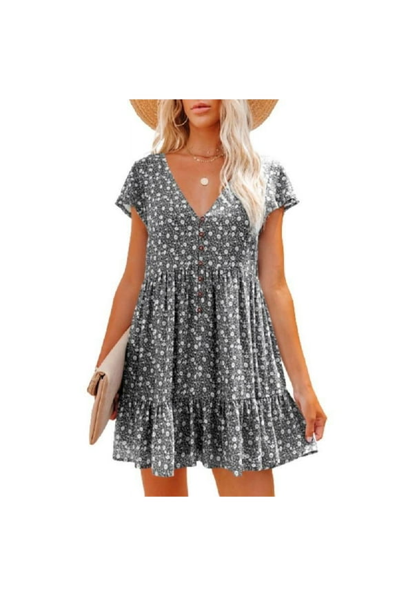 Women's Summer Chiffon Short Sleeve V Neck Dress Floral Button Down Ruffle Swing Boho Mini Dresses