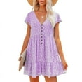 thumbnail image 1 of Women's Summer Chiffon Short Sleeve V Neck Dress Floral Button Down Ruffle Swing Boho Mini Dresses, 1 of 4
