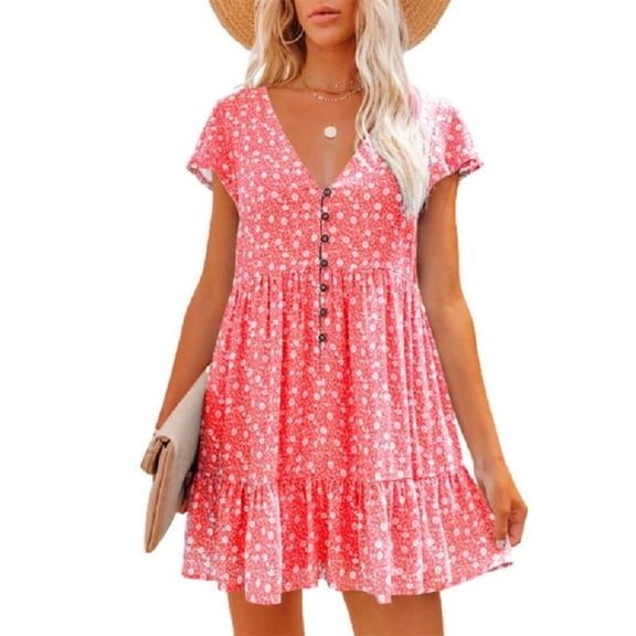 Women's Summer Chiffon Short Sleeve V Neck Dress Floral Button Down Ruffle Swing Boho Mini Dresses