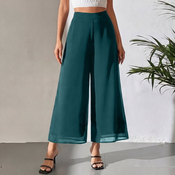 Women's Summer Chiffon Wide Leg Palazzo Capris Elegant Dressy Casual Elastic Waist Beach Vacation Trousers Green XL