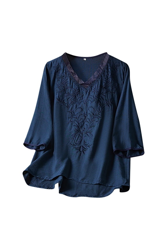 Women's Summer Chinese Embroidery T-Shirt Retro Art, Heavy Industry Style, Polyester, M XXXL Sizes