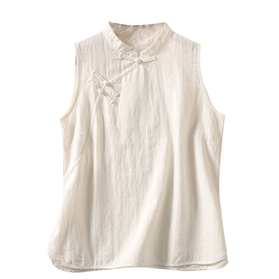 Women's Summer Chinese Style Tank Tops Stand Collar Frog Button Sleeveless Dressy Causal Shirt Blouse Loose Fit Solid Color Tees