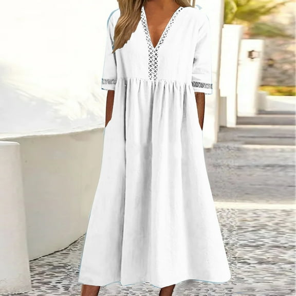 Women's Summer Dresses Under $10 New Color Short-sleeved Lace V-neck Waistline Hem Dress