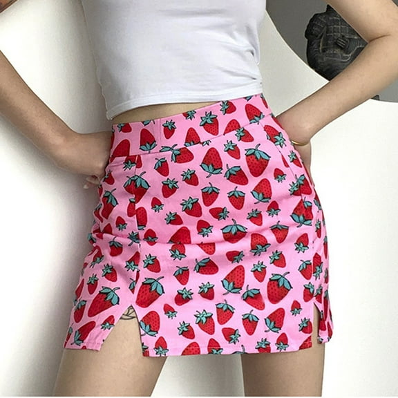 Women's Summer Clearance Under $10.00 Slim Strawberry Printing Split Hem High Waist Bag Hips Mini Workwear Skirt Active Athletic Skort Skirt Wyongtao