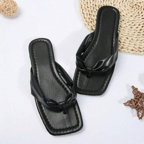Women's Summer Clip Toe Thong Sandals Beach Slippers Adjustable Strap Flat Slip-On Sandals Square Toe