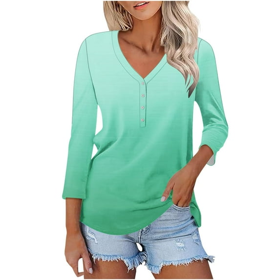 Women's Summer Clothes 1/4 Button up Blouse Dressy Casual Tops for Lady Henley Neck Flowy Shirts Fashion 2024 Vintage Gradient Color 3/4 Sleeve Loose Fit Flowy Tunic Tops Green T Shirts M