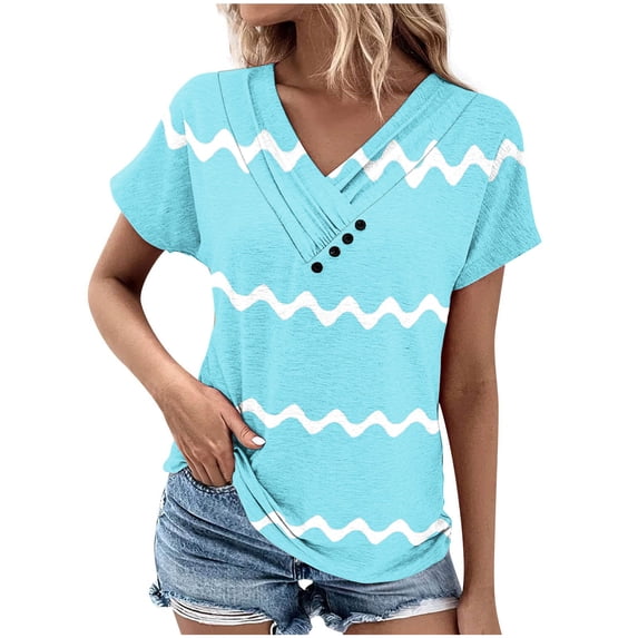 Women's Summer Clothes 1/4 Button up Blouse Fashion 2024 Y2K Tops Dressy Casual Henley Neck Flowy Shirts Short Sleeve Tunic Tops Loose Fit Flowy Striped Color Block Vintage Sky Blue T Shirts XXXL