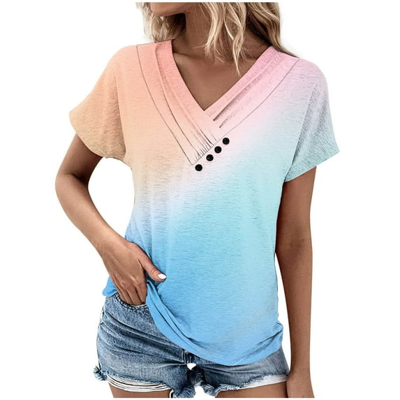 Women's Summer Clothes 1/4 Button up Blouse Y2K Tops Dressy Casual Short Sleeve Tunic Tops for Lady Loose Fit Flowy Tie Dye Vintage Fashion 2024 Henley Neck Flowy Shirts Multicolor T Shirts S