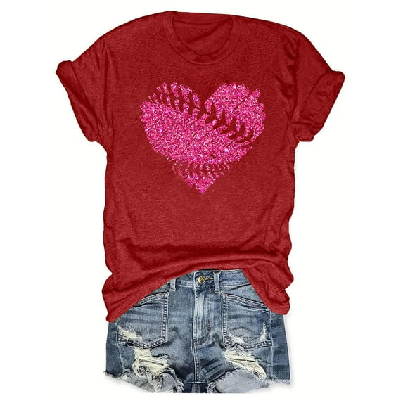 Women's Summer Clothes Basic Tees for Sports Short Sleeve Loose Fit Flowy Tunic Tops Fashion 2024 Baseball Graphic Tops Round Neck Blouse Vintage Dressy Casual Tops for Lady Red T Shirts S