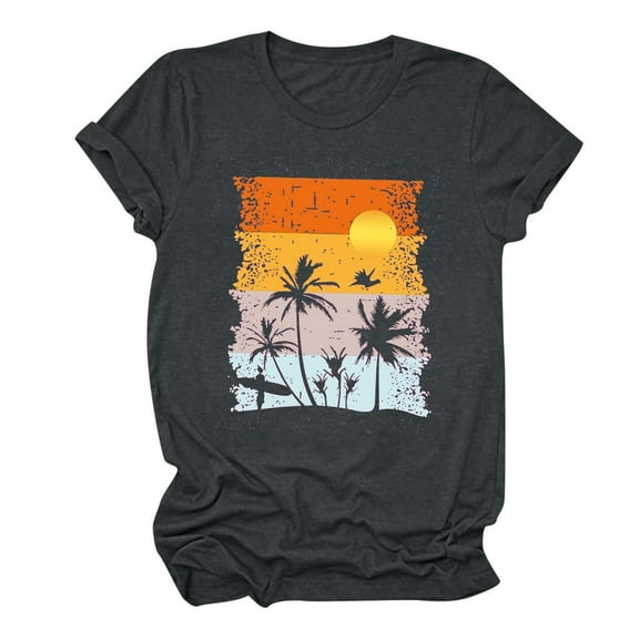 Women's Summer Clothes Beach Style Basic T-Shirts Round Neck Blouse Vintage Sunset Graphic Tees Fashion 2024 Short Sleeve Tunic Tops Loose Fit Flowy Y2K Tops Dressy Casual Dark Gray T Shirts XL