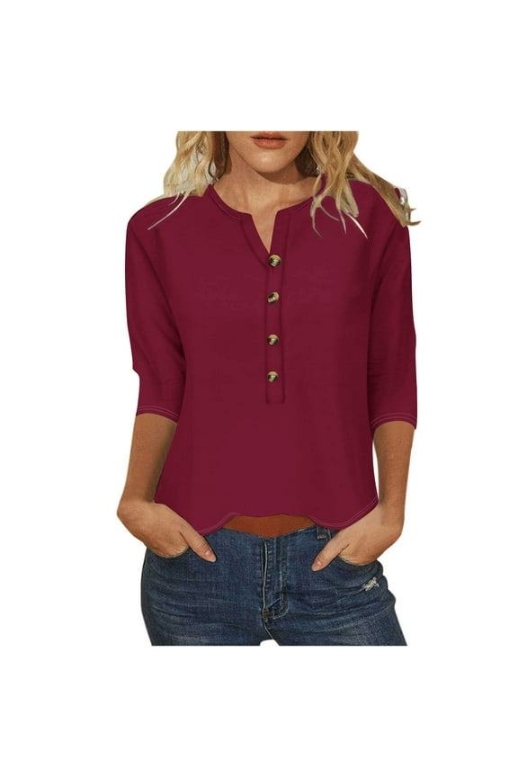 Women's Summer Clothes Button up Vintage Y2K Tops Dressy Casual 3/4 Sleeve Tunic Tops for Lady Loose Fit Flowy Solid Color Fashion 2024 1/4 Button up Scoop Neck Blouse Wine T Shirts S