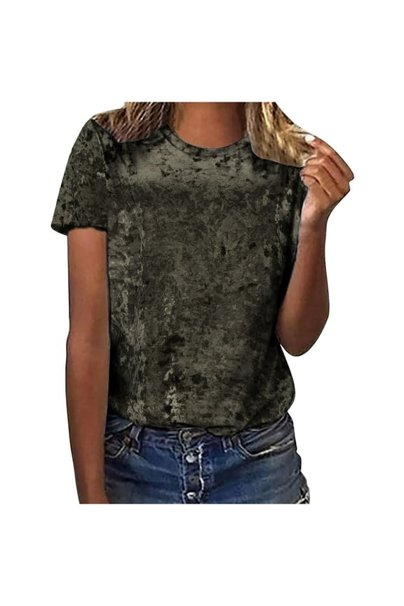 Women's Summer Clothes Comfy Casual Shirts Camouflage Printing Short Sleeve Loose Fit Flowy Tunic Tops Vintage Fashion 2024 Dressy Casual Tops for Lady Round Neck Blouse Army Green T Shirts M