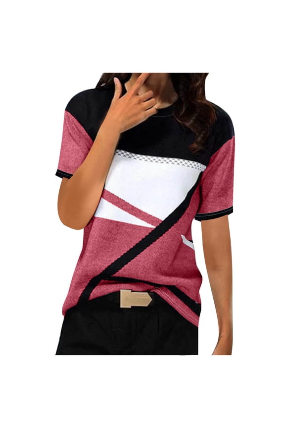 Women's Summer Clothes Comfy Casual Shirts Round Neck Blouse Color Block Patchwork Pullover Fashion 2024 Vintage Short Sleeve Loose Fit Flowy Tunic Tops Dressy Casual Tops Watermelon Red T Shirts XXL
